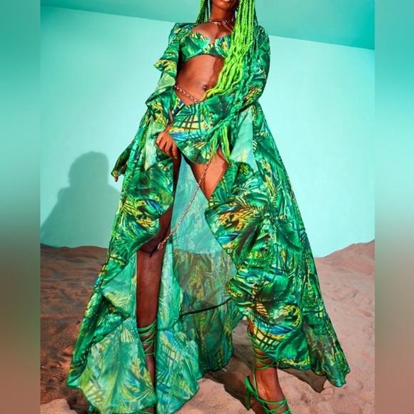New Green Long Kimono Tropical Leaf Print XL By Pretty Little Thing - Picture 2 of 13